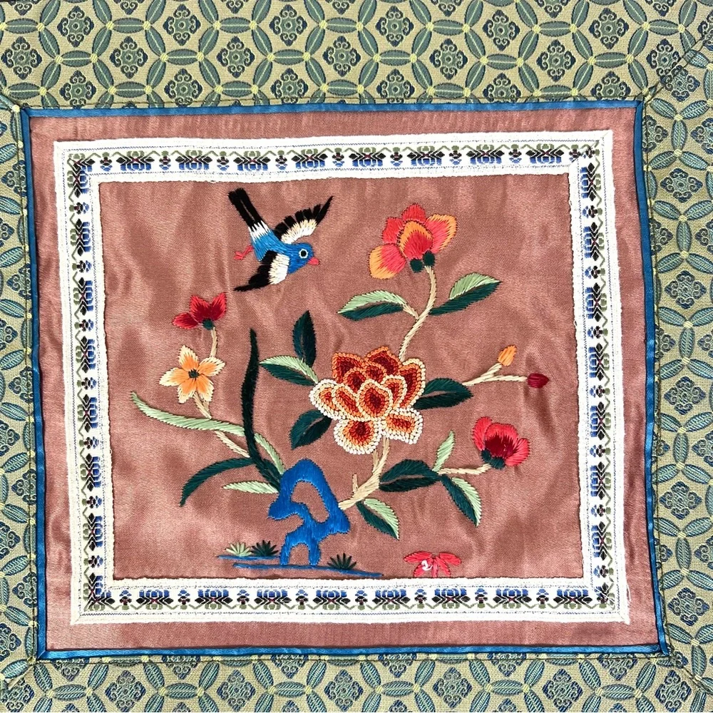 Vintage Chinese Silk Embroidered Floral Bird Panel